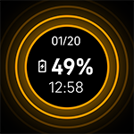 Screenshot of the battery charging status of 49% between the time and date, with concentric orange circles in the background